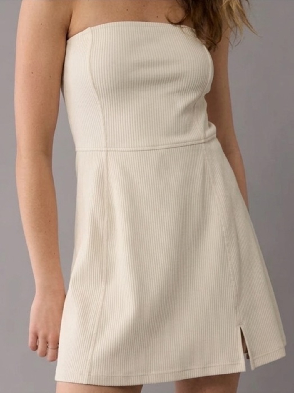 American Eagle Cream Ribbed Strapless Mini Dress Built In Shorts Romper XL - Picture 1 of 7